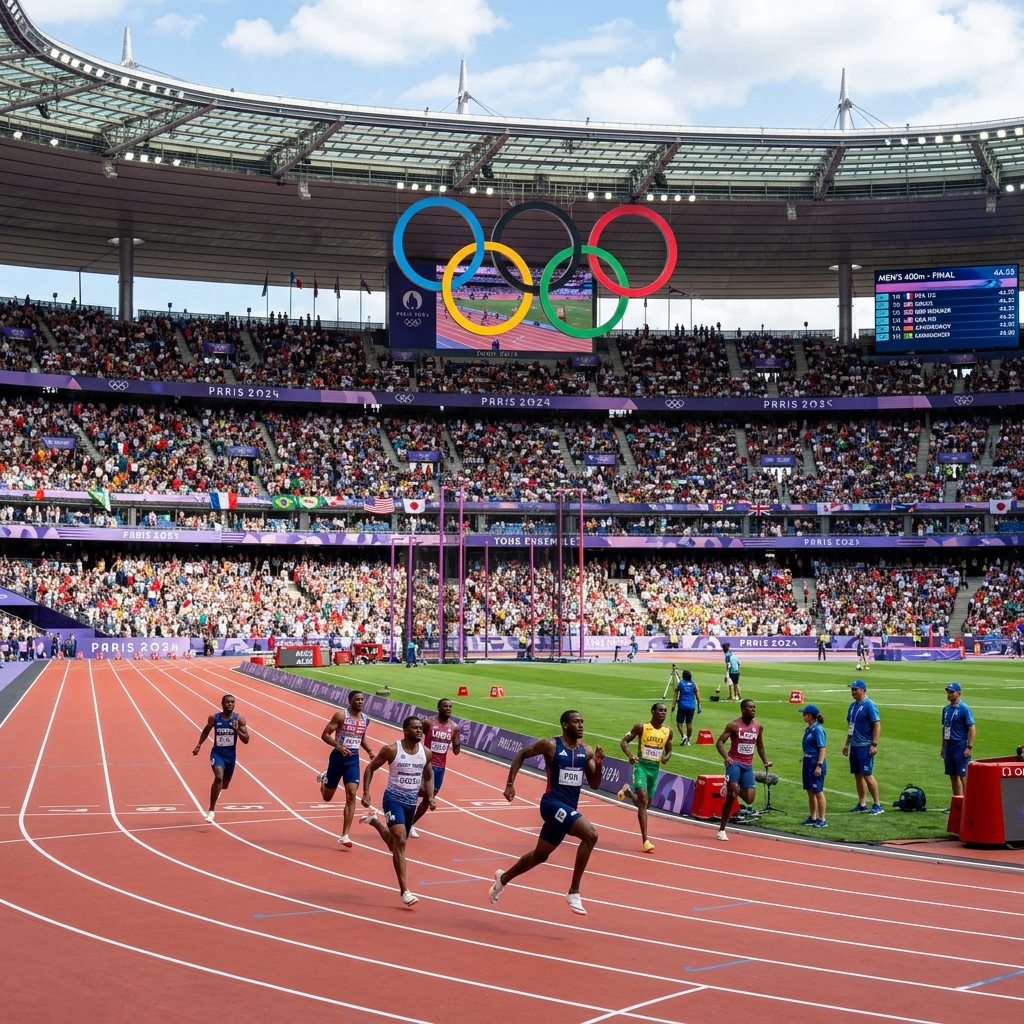 Athletes sprinting on track during men's 400m final at Paris 2024 Olympic Games